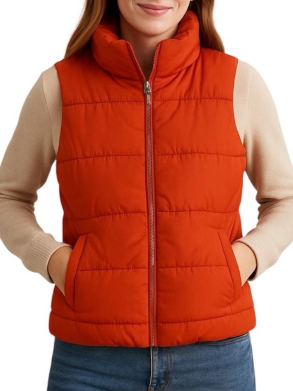 OLD NAVY Orange Quilted Puffy Puffer Vest Pockets Zipper Size Small